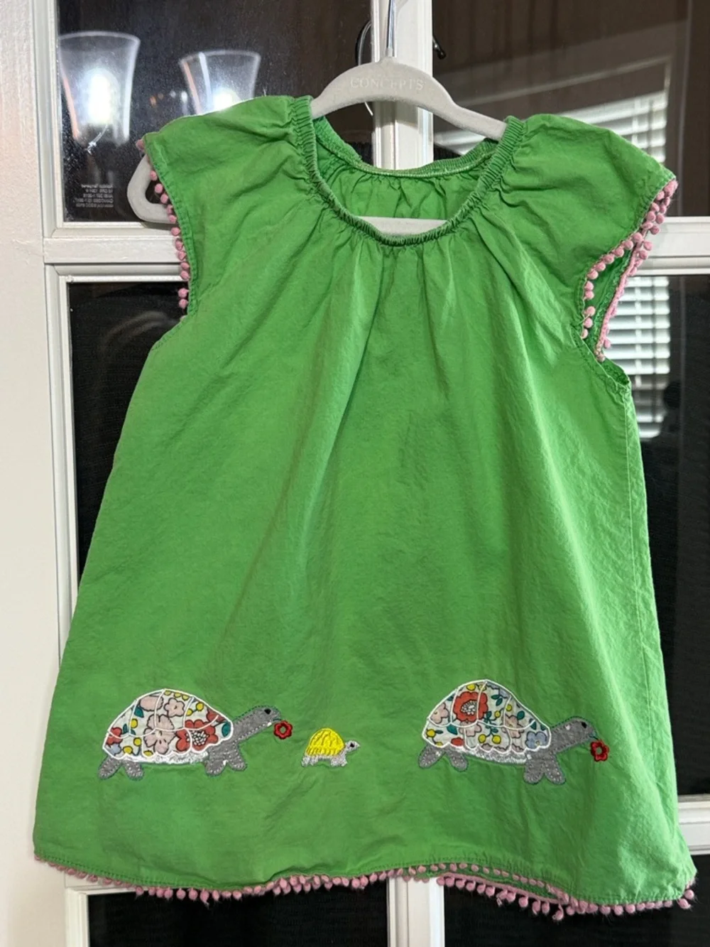 CARTER'S Cotton Green Pom-Trim Turtle Appliqué Dress Size 6-9M
